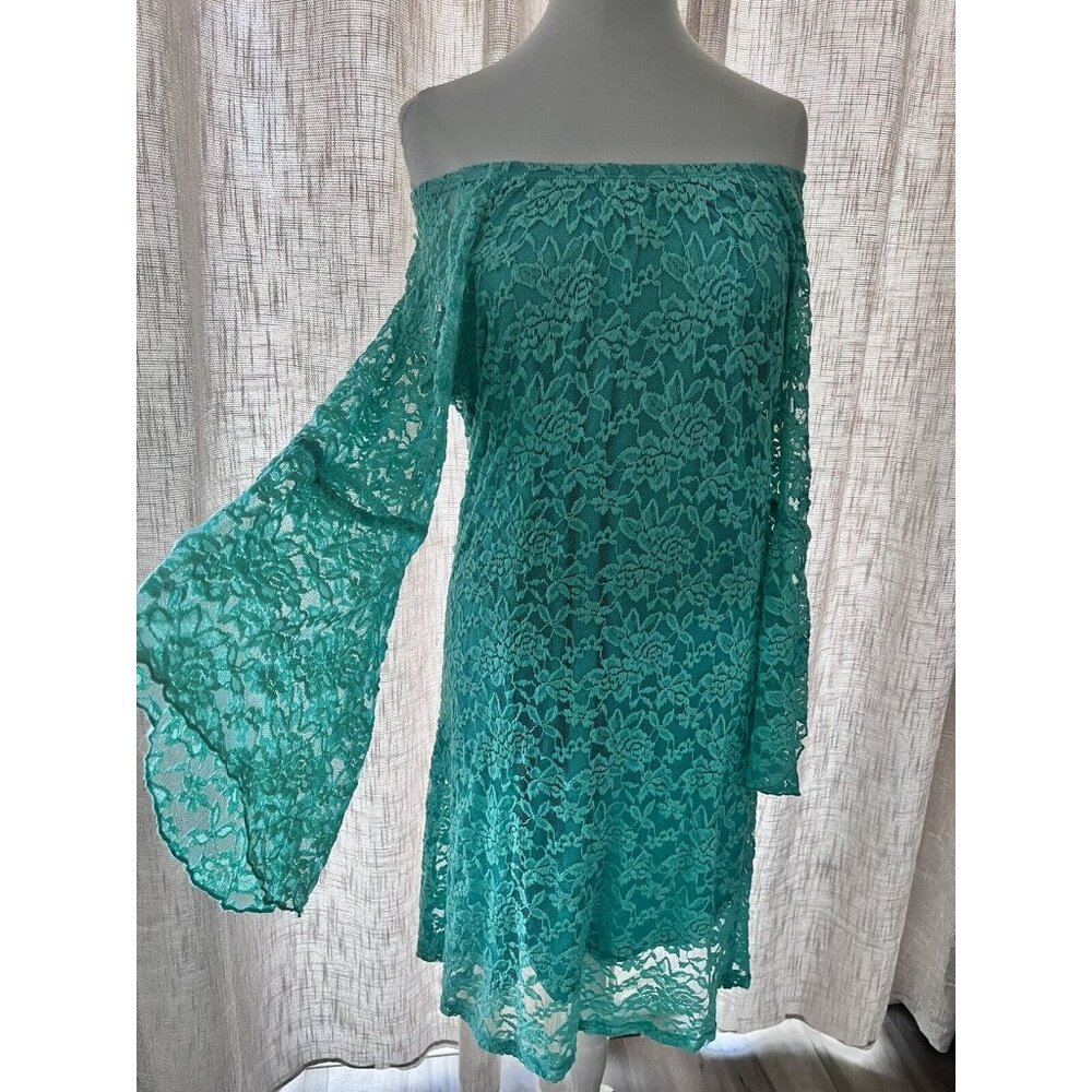Jody Of CALIFORNIA green lace bell sleeve dress vintage off shoulder hippie XXL